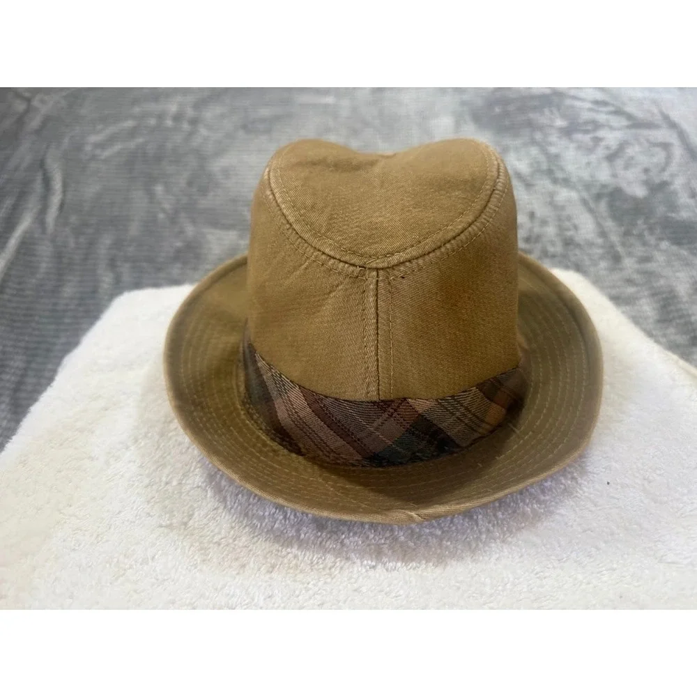 Christys Crown Series Tan Cotton‎ Fedora Hat Plaid Band Mens Size Medium Khaki
